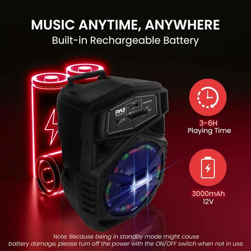 Vista 5 de Pyle Sistema de altavoces Bluetooth portátil de 12 pulgadas, altavoz de karaoke de 1000 W con luces LED, USB/Micro SD/FM/BT/Aux/control