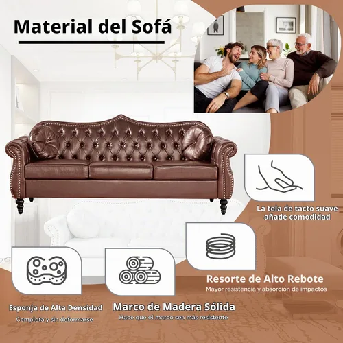 Vista 4 de AVZEAR Sofá de tres plazas de 82 pulgadas, sofá Chesterfield, moderno sofá tapizado de poliuretano de mediados de siglo, sofá de sala de estar