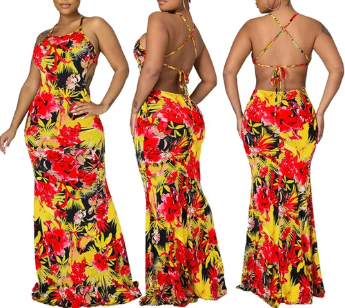 Vista 7 de Vestido largo de fiesta de noche con tirantes florales y espalda descubierta para mujer