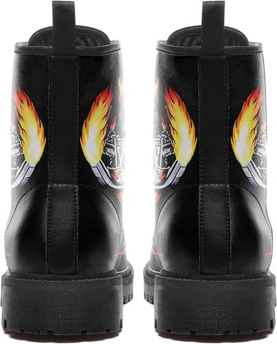 Vista 5 de Botas de combate negras personalizadas para mujer, con lazada, estilo cráneo y rosa, botas de tacón grueso y plataforma de cuero