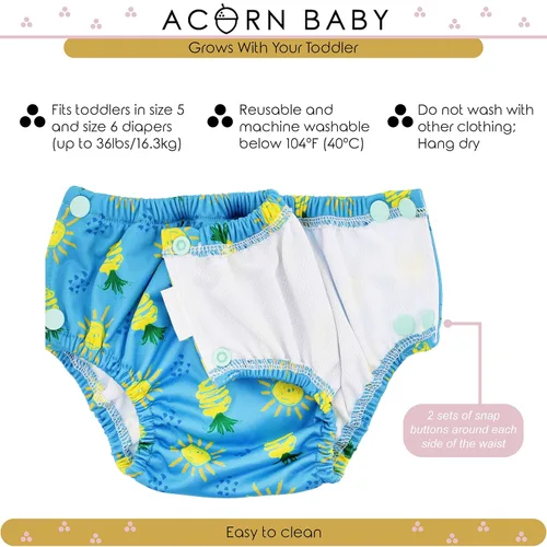 Vista 3 de Pañal de natación ajustable para niños pequeños, tamaño 5 y 6, color azul, con piña, reutilizable