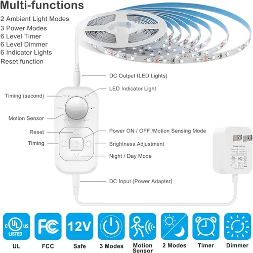 Vista 4 de Luces con sensor de movimiento para debajo del gabinete: tira de luces LED enchufables para interiores con adaptador de corriente, atenuador