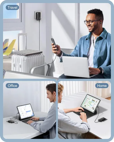 Vista 7 de Cargador de pared USB plano, 3 puertos ultra delgado cargador de pared rápido para Pixelbook, iPad Pro, iPhone 17/16/15/14 negro