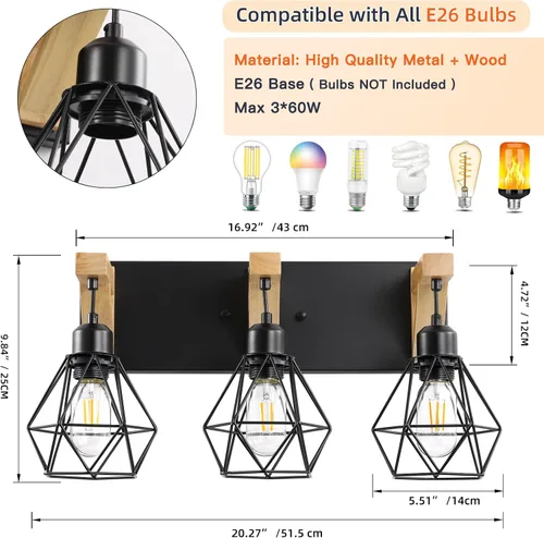 Vista 8 de VbiTmn Lámparas de baño de granja, 3 luces de tocador de baño, accesorios de iluminación rústica sobre el espejo, apliques de pared con elegante