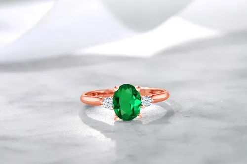Vista 5 de 10K Rose Gold Gemstone Birthstone & White Created Sapphire 3-Stone Engagement Ring Oval 8X6MM Center with Round 2.5MM Accents Three Stone Wedding