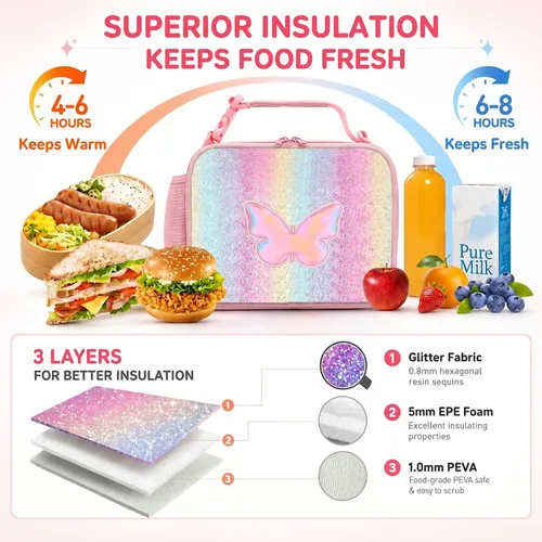 Vista 3 de Lonchera con diseño de mariposa para niñas y niños, lonchera aislada con diseño de arco iris con asa de clip, lonchera a prueba de fugas con Rainbow
