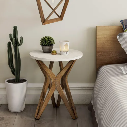 Vista 14 de Mesa auxiliar estilo rústico con pedestal, superficie envejecida con base de trípode, mesita de noche para sala de estar, moderna, decoración boho