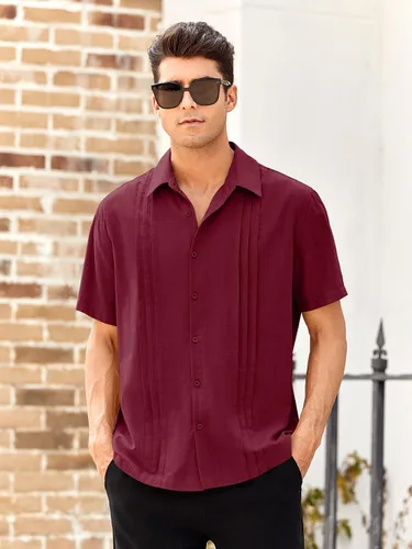 Vista 2 de Guayabera - Camisas de lino de algodón cubano de manga corta con botones estilo casual cuello para la playa