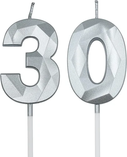 Vista 9 de Velas de 30 cumpleaños para pastel, velas doradas con forma de diamante 30, decoración de cumpleaños, suministros de fiesta para mujeres u hombres