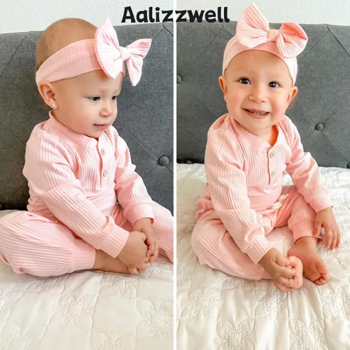 Vista 3 de Aalizzwell Traje acanalado de manga larga neutral para bebé con sombrero y diadema