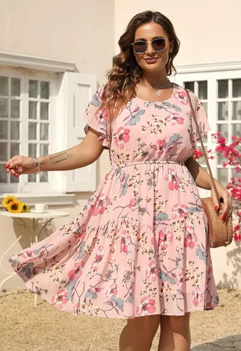 Vista 4 de Nemidor NEM297 - Vestido casual de verano con estampado, de gasa para mujer, talla extragrande, con manga con volantes, por debajo de la rodilla