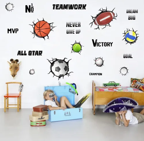 Vista 3 de YIMEHDAN Calcomanías de pared de pelotas deportivas 3D, fútbol, voleibol, rugby, baloncesto, tenis, vinilo para pared, diseño deportivo extraíble