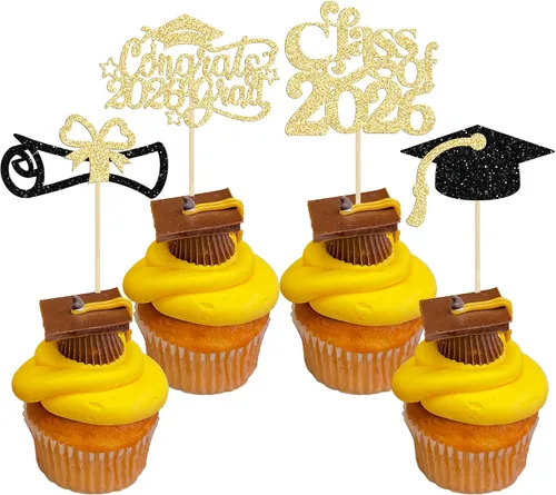 Vista 11 de Gyufise 24 piezas de decoración para cupcakes con purpurina para graduación 2026, decoración de pasteles para graduación 2026, decoración de Negro