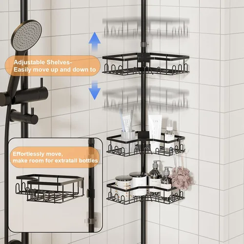 Vista 3 de Estante esquinero de tensión para regadera, estante esquinero de ducha de 4 niveles para bañera y baño, organizador de ducha, ajustable de 34 a 120