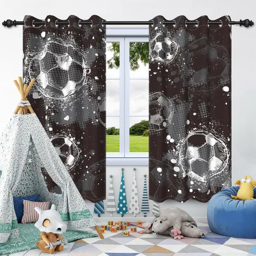Vista 4 de Cortinas opacas de fútbol para dormitorio de niños, con temática deportiva, para sala de fútbol, cortinas de fútbol en blanco y negro