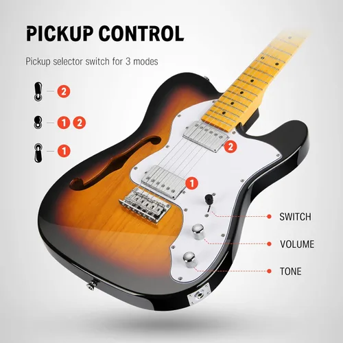 Vista 3 de Guitarra eléctrica Donner Jazz de 39 pulgadas TL Thinline F Hole para principiantes, tamaño grande, guitarra hueca con pastillas H-H, con bolso