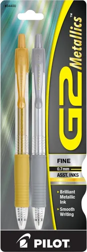 Vista 2 de Bolígafos metálicos de gel Pilot G2 (34423), de punta fina, tinta dorada y plateada, paquete de 4 unidades, Colores Variados Paquete de 4