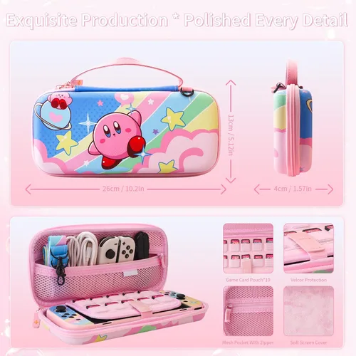 Vista 2 de Cute Carrying Case for Nintendo Switch OLED, Pink Travel Carry Bag for Star, Accessories with Protective Hard Shell, HD Screen Protector, Adjustable