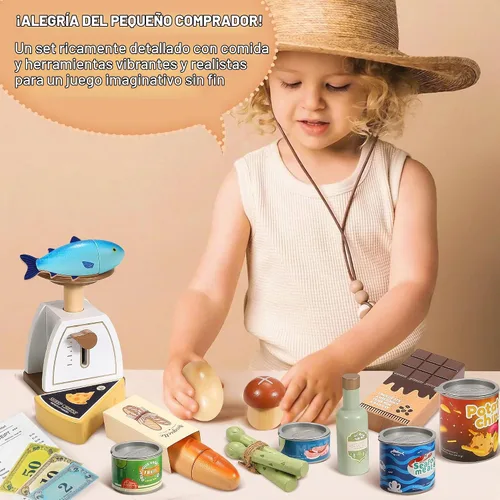 Vista 5 de Pithfor Juego de alimentos de madera para niños pequeños, tienda de comestibles, comida de simulación, compras y juegos, accesorios de cocina