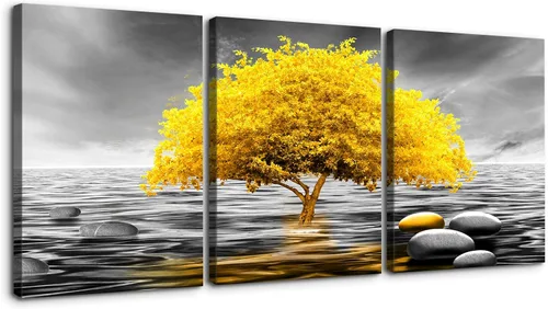 Vista 12 de Wewejia 3 piezas de lienzo gris para pared, calma/relajación, piedras zen doradas, cielo, pájaros, lago, niebla, luna llena, póster, arte de pared