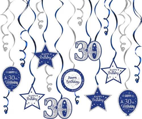 Vista 23 de Decoración de fiesta de serpentinas con purpurina azul y plateada de feliz 11º cumpleaños, 15 piezas de remolinos colgantes de 11 cumpleaños, cartel