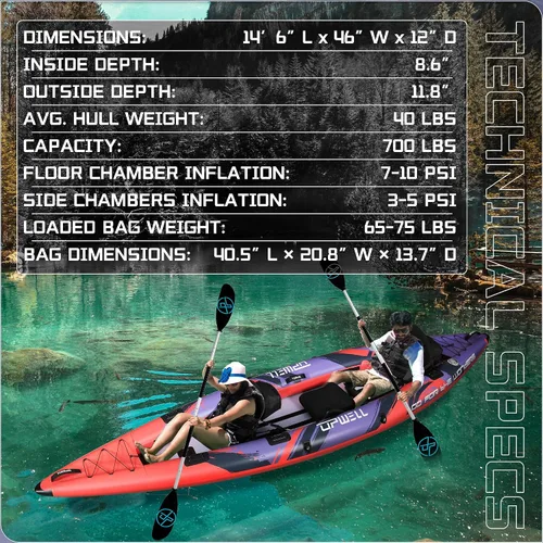 Vista 2 de UPWELL Kayak inflable de 11 pies/14 pies 6 pulgadas con piso de punto de caída y accesorios, incluyendo asiento de kayak con cojín grueso, paleta