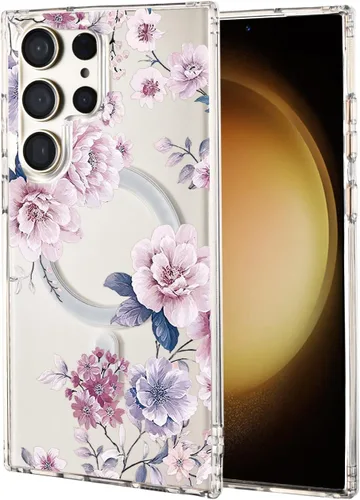 Vista 64 de Funda magnética para Samsung Galaxy S22 Ultra Flower, compatible con MagSafe, patrón floral transparente a prueba de golpes, parte trasera