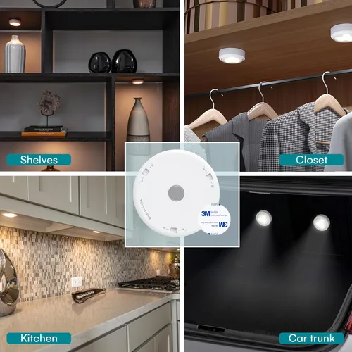 Vista 7 de Bright Evolution - Luces para debajo del gabinete, iluminación de gabinete a pilas con tecnología táctil, luces LED de disco para cocina