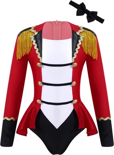 Vista 4 de Kids Girls Circus Ringmaster Costume Christmas Santa Dance Dress Long Sleeves Tassel Leotard Bodysuit Fancy Dress Up