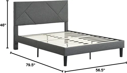 Vista 2 de Base de cama de plataforma de tamaño matrimonial con cabecera tapizada de tela y soporte de listones de madera, base de colchón totalmente tapizada