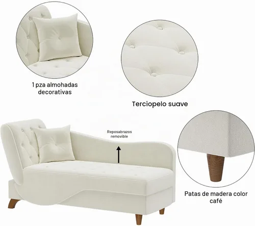 Vista 6 de Tumbona de terciopelo para interiores con almacenamiento para sala de estar Blanco beige