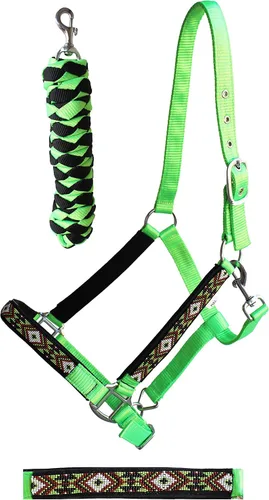 Vista 9 de CHALLENGER Nylon Horse Beaded Halter Nickle Plated Hardware w/Lead Rope Tack Blue 606175 Negro
