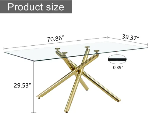 Vista 2 de LKTART Mesa de comedor rectangular de vidrio de 71 pulgadas con mesa de vidrio templado de 0.39 pulgadas y patas de metal cromado dorado