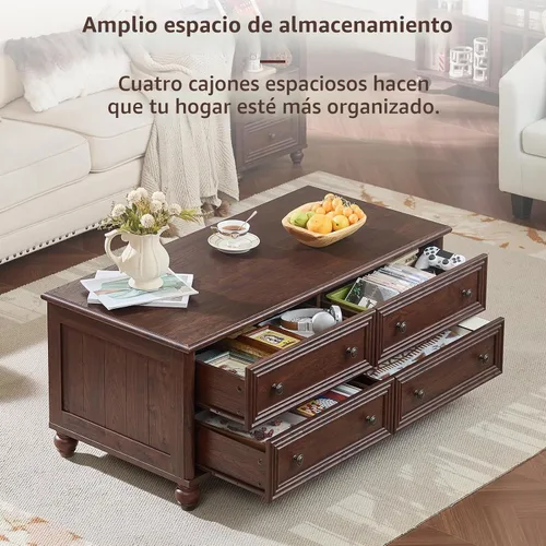 Vista 7 de RWYHG - Mesa de centro de granja de 48 pulgadas con almacenamiento oculto, mesas de café de madera con 4 cajones y manija de columna romana, mesa