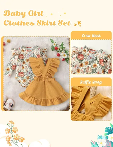 Vista 5 de ATEUNO Newborn Baby Girl Clothes Long Sleeve Floral Romper Tops Ruffle Suspender Skirt Set Infant Overall Dress Fall Outfits