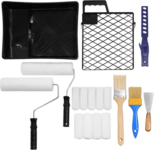 Vista 9 de ETERNA Kit de rodillos de pintura, 9 piezas de suministros de pintura para pintura de casa, con bandeja de pintura de metal y rodillos de pintura