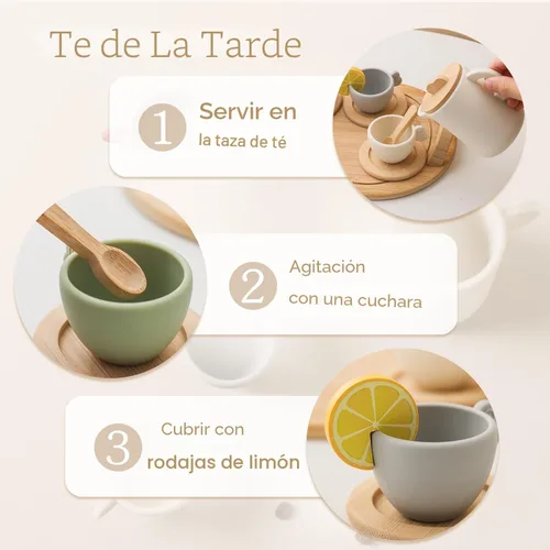 Vista 5 de Encantador Juego de Fiesta de Té de Madera - Tetera de Silicona, Tazas y Cuchara Recolectora - Perfecto para Fiestas de Té de Niñas Pequeñas y Juego