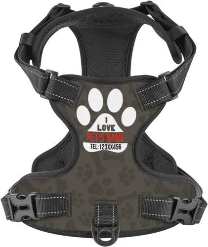 Vista 11 de Arnés personalizado para perro sin tirones, chaleco personalizado con bandera estadounidense para perro con número de teléfono y nombre de mascota