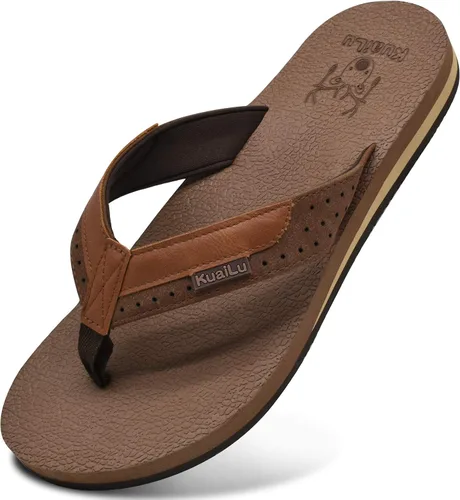 Vista 6 de KuaiLu - Sandalias de pata de gallo para hombre con soporte para el arco y plantilla de piel usada para tapetes de yoga
