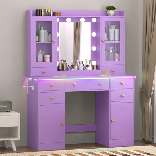 Vista 19 de Escritorio de maquillaje con espejo y luces, tocador negro de 43 pulgadas con parte superior de cristal, almacenamiento de joyas, 3 cajones