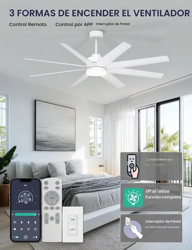 Vista 2 de Ohniyou Ventilador de techo de 60 pulgadas con luz, ventilador de techo blanco moderno de 8 aspas con control remoto y aplicación, regulable