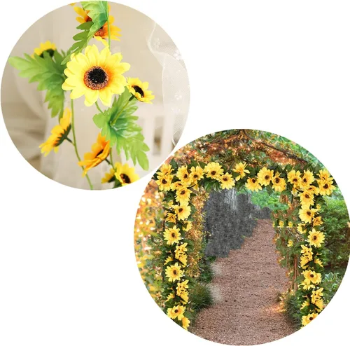Vista 2 de 2 guirnaldas artificiales de girasol, vid de girasol con hojas, guirnalda colgante con hojas verdes, arco de flores falsas para exteriores, arreglo