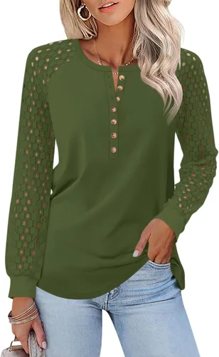 Vista 13 de Minetom Camisetas de manga larga con encaje para mujer, blusas casuales