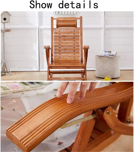 Vista 7 de Sillas reclinables de jardín, tumbonas ajustables con cojín mecedor, silla plegable de bambú para patio o playa, balcón, parque o campamento