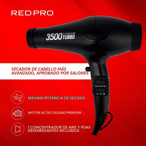 Vista 5 de Red Pro Secador de pelo de 3500 W Turbo Titanium con peine desenredante, cabello liso de secado rápido, multiajuste, botón de disparo frío, secadora