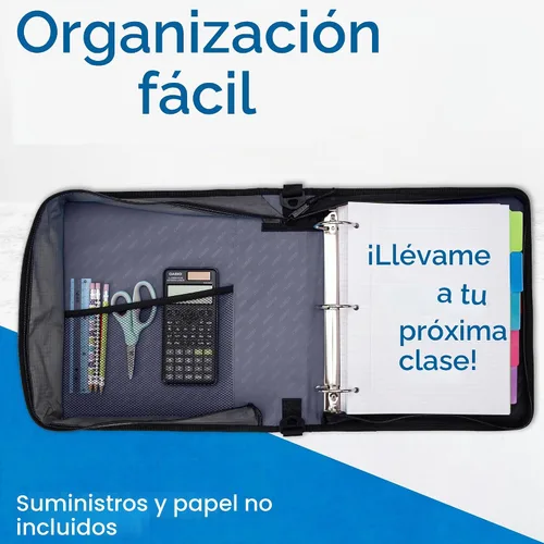 Vista 7 de Case-It - Clásica carpeta con cremallera, con argollas de 2 pulgadas, múltiples bolsillos, capacidad para 800 hojas, correa de hombro - Negro Un