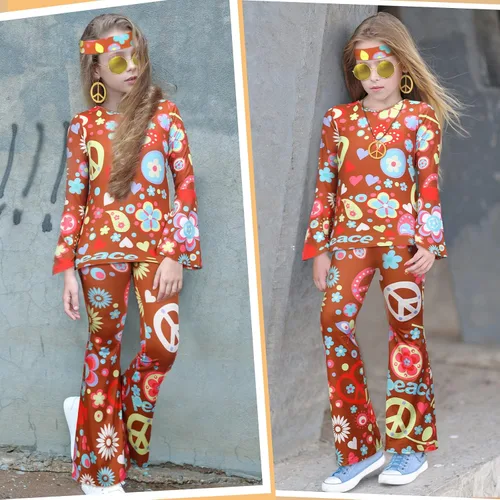 Vista 7 de 7 piezas de traje hippie de los años 60 y 70 para niños y niñas, disfraz hippie de Halloween, camisa de discoteca, pantalón, signo de la paz