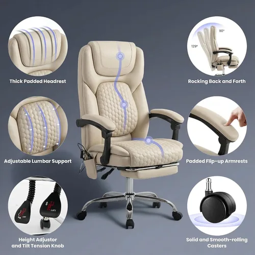 Vista 8 de MALOL Silla de oficina de masaje de 300 libras, silla de escritorio grande y alta con 3 niveles de calor y reposapiés, silla ejecutiva ergonómica
