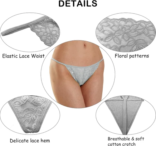 Vista 3 de T Back Sexy Low Rise Elástico Invisible Patrones Encaje Algodón Mujeres Tangas Pack Tangas de cinturón de 10