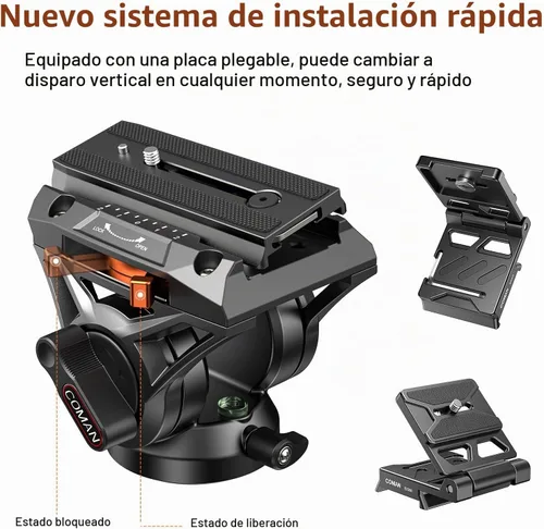 Vista 3 de COMAN Trípode de cámara de 73 pulgadas con cabezal fluido y cuenco de nivelación, carga útil de 22 libras, trípode monopie portátil de aluminio 2